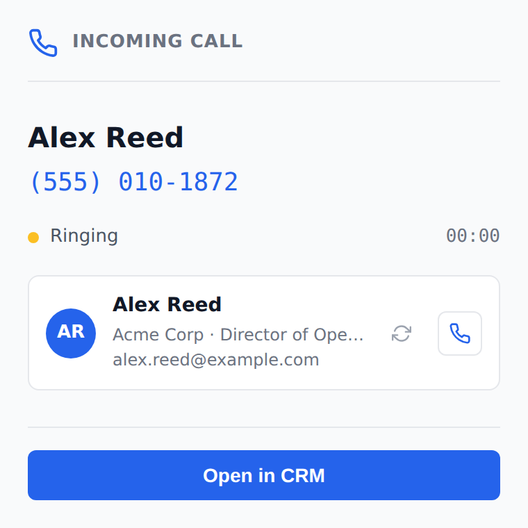 Active-call popup showing the matched CRM contact as the phone rings