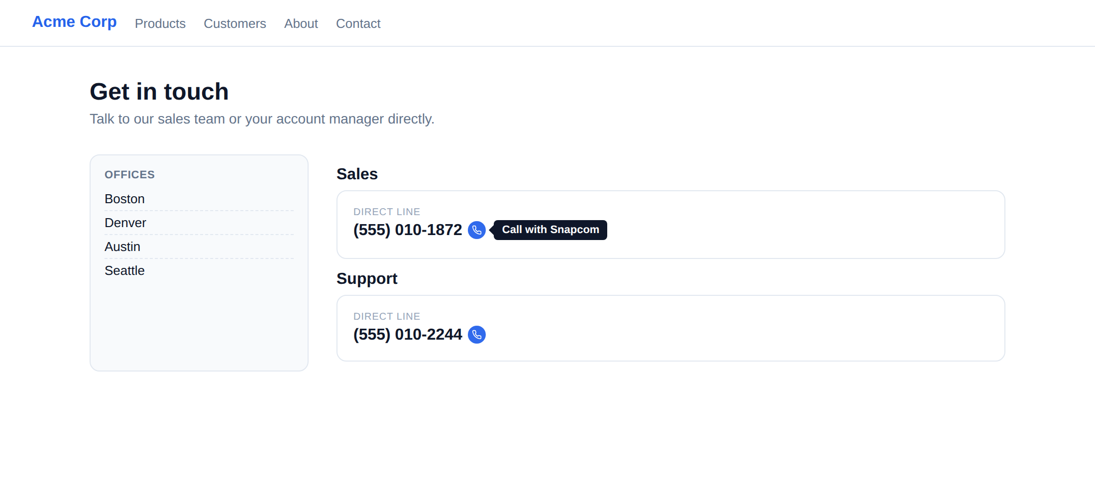 Click-to-call button next to a phone number on a contact page