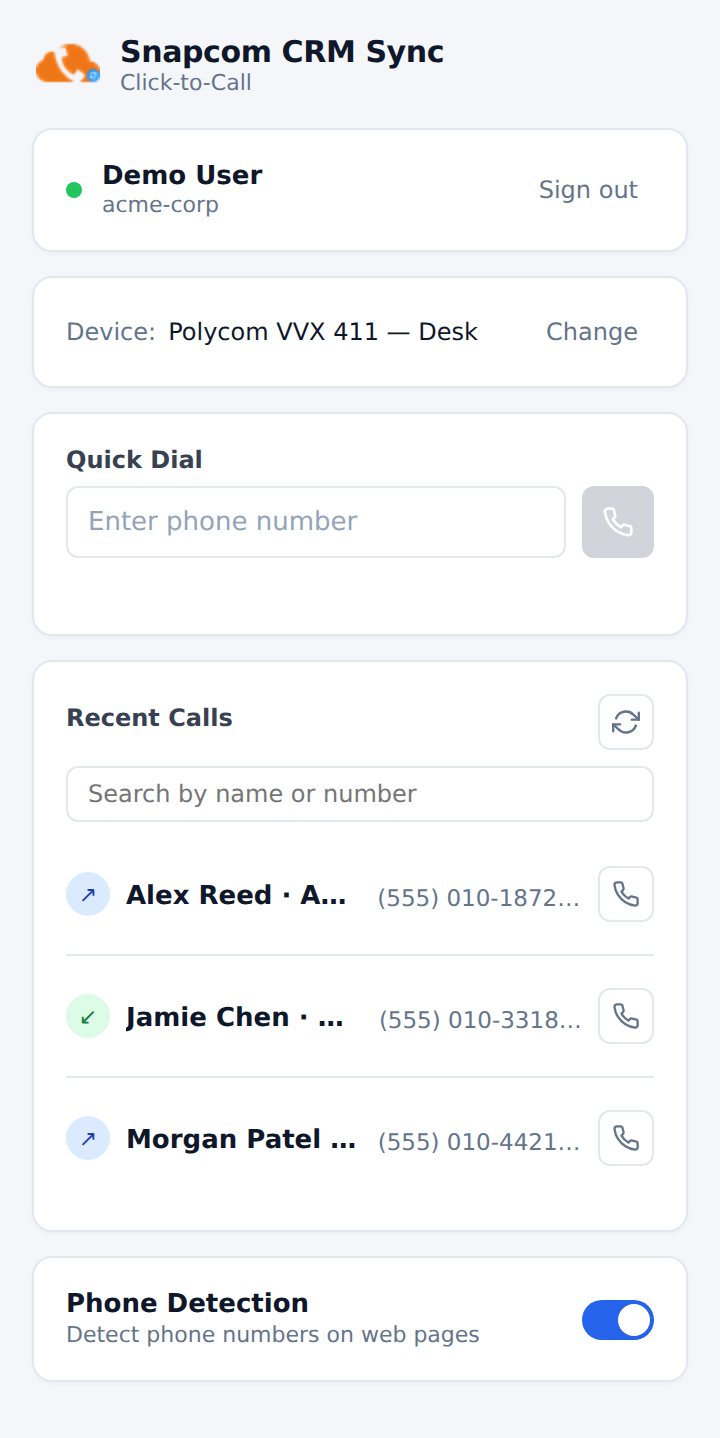 Snapcom CRM Sync browser extension popup