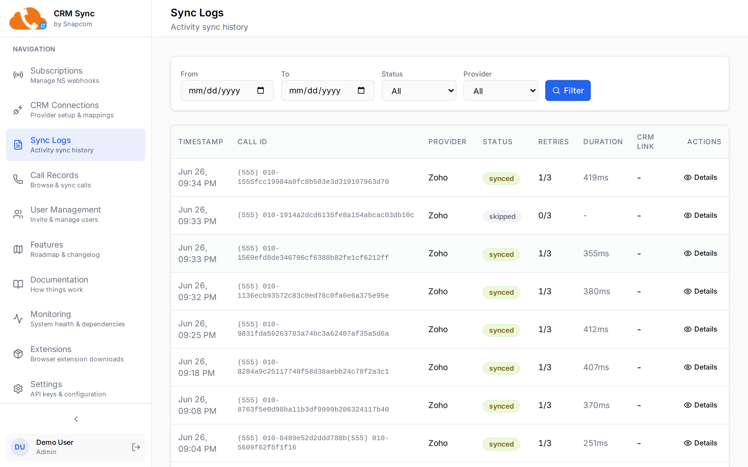 Sync activity log showing every call landing in the CRM